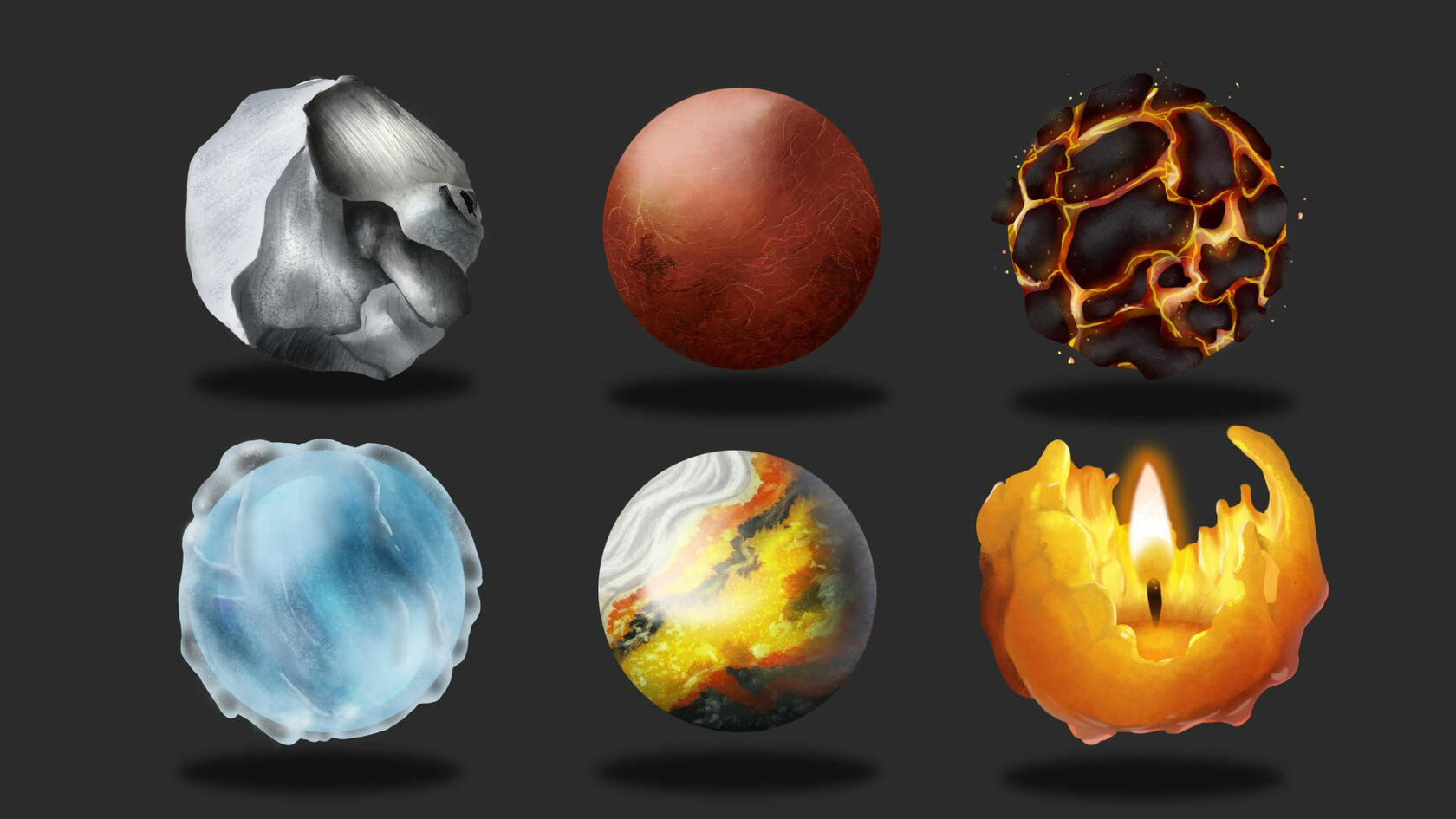 A variety of texture studies including; stone, leather, magma, ice, bumblebee jasper and wax.