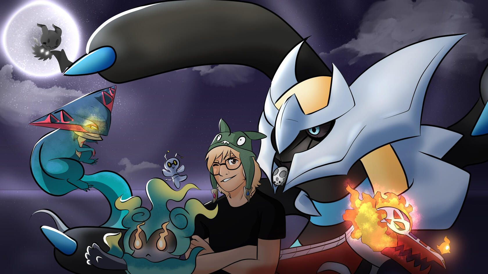 A commission completed for Trashcanman on Youtube featuring himself and a variety of different Pokemon.