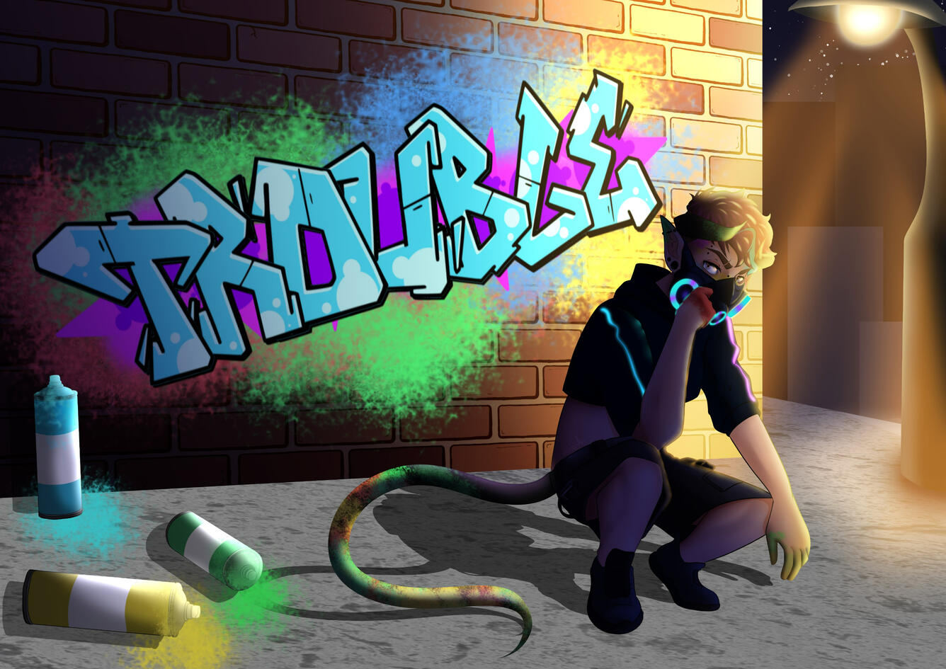 A personal illustration of an original character who goes by the moniker 'Trouble'.