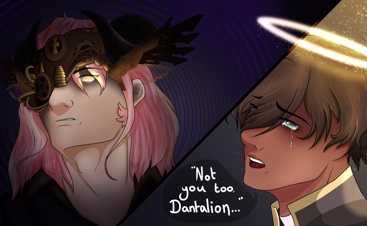 A personal piece depicting an original character of mine, Dantalion, meeting Simeon from the game Obey Me, but not for the first time.